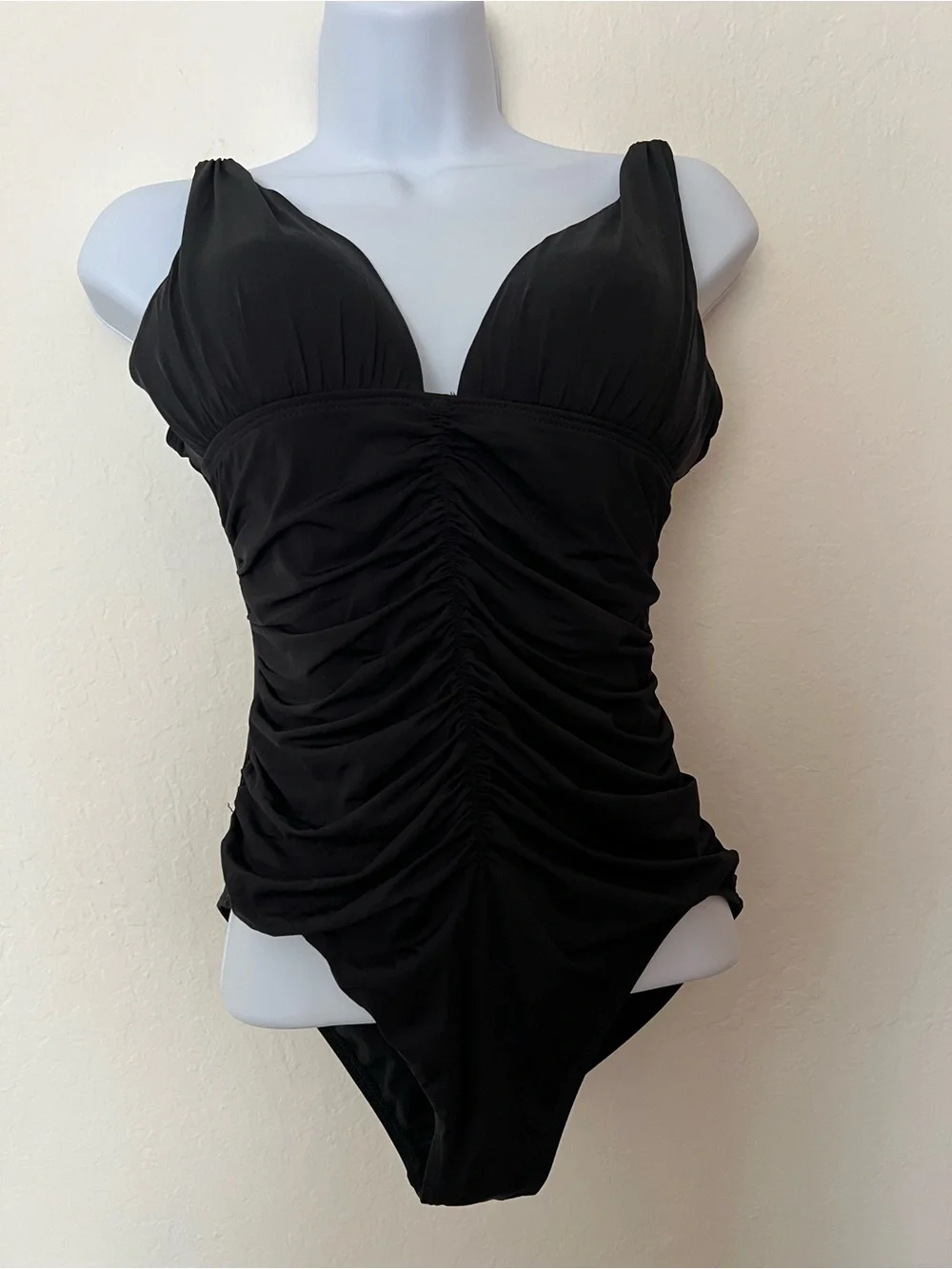 Black Ruched Slenderizing One-Piece Swimsuit - Picture 2 of 7